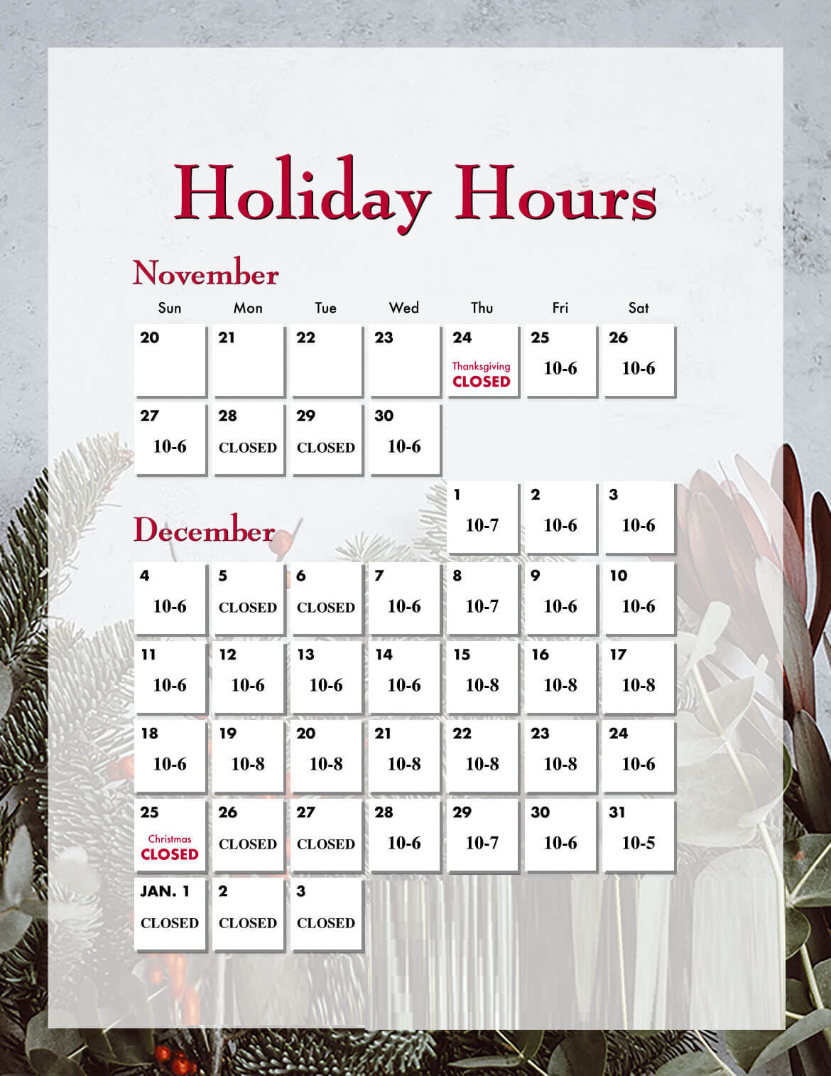 holiday hours calendar